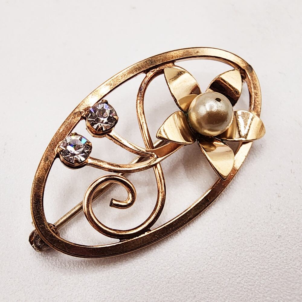 Vintage Van Dell 12K Gold Filled Oval Flower Brooch Pearl Rhinestone Floral